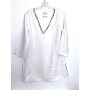Malvin I Love Linen White V-Neck Tunic Shirt Womens 3/4 Sleeve Size Medium